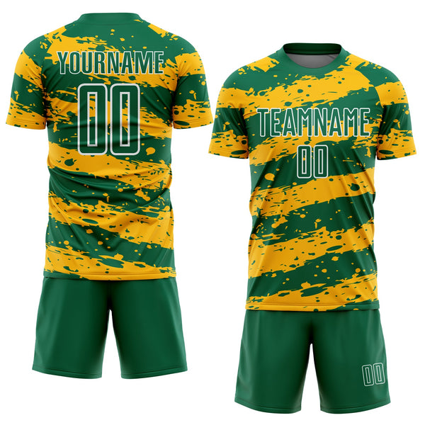 Custom Kelly Green Gold-White Splash Sublimation Soccer Uniform Jersey alternate