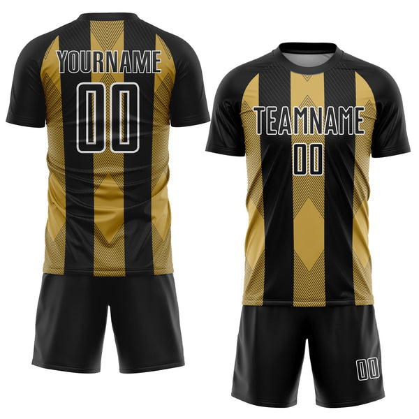 Custom Black Old Gold-White Line Sublimation Soccer Uniform Jersey alternate