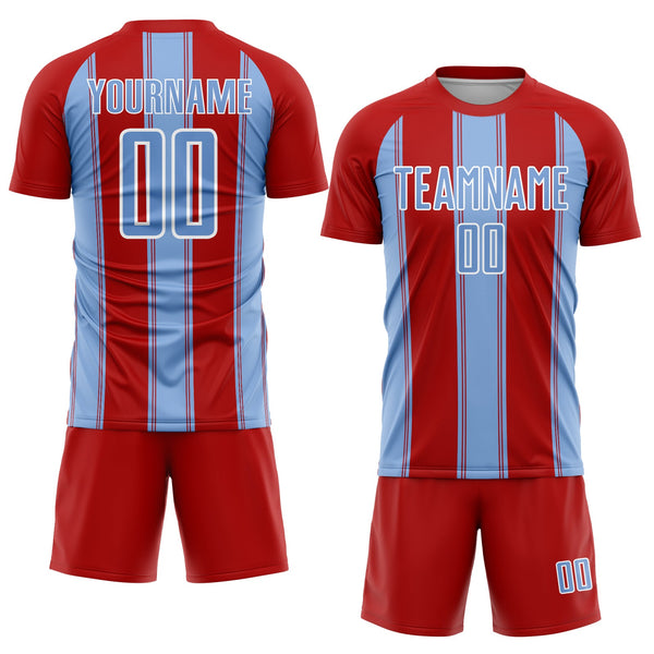 Custom Red Light Blue-White Line Sublimation Soccer Uniform Jersey alternate