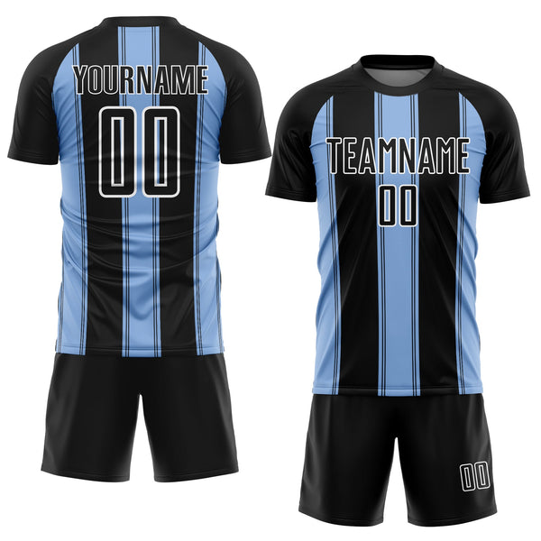 Custom Black Light Blue-White Line Sublimation Soccer Uniform Jersey alternate
