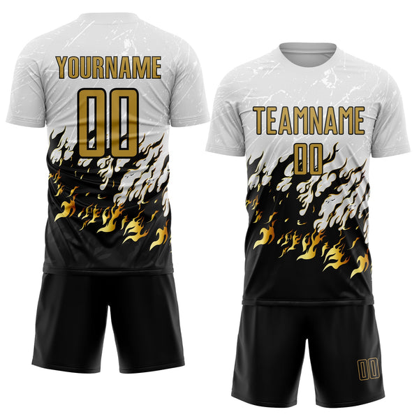 Custom White Old Gold-Black Flame Sublimation Soccer Uniform Jersey alternate