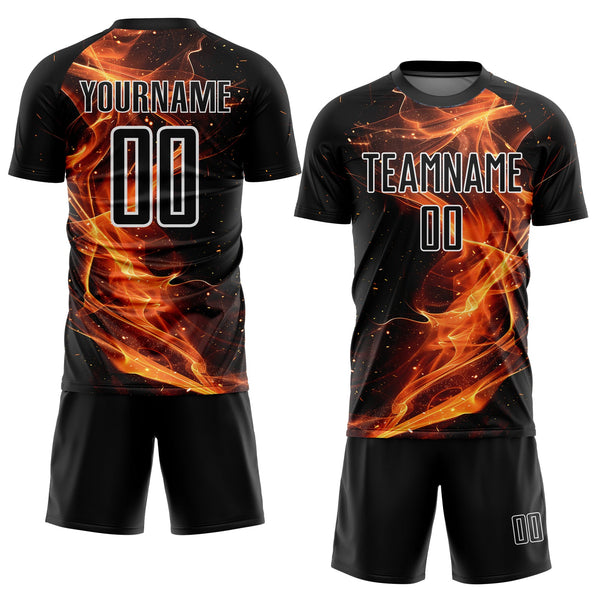 Custom Black Gold-White Flame Sublimation Soccer Uniform Jersey alternate