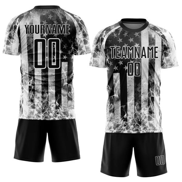 Custom Black Gray-White American Flag Flame Sublimation Soccer Uniform Jersey alternate