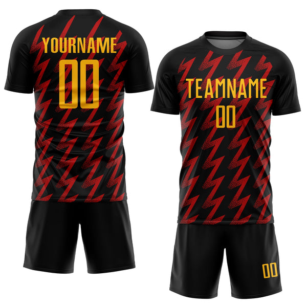Custom Black Gold-Red Zigzag Shape Sublimation Soccer Uniform Jersey alternate