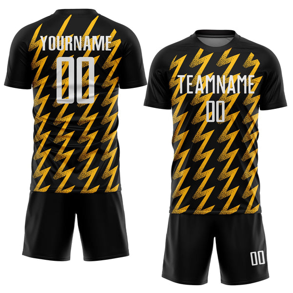 Custom Black White-Gold Zigzag Shape Sublimation Soccer Uniform Jersey alt