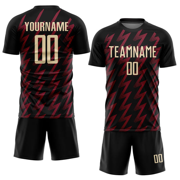Custom Black Cream-Crimson Zigzag Shape Sublimation Soccer Uniform Jersey alternate