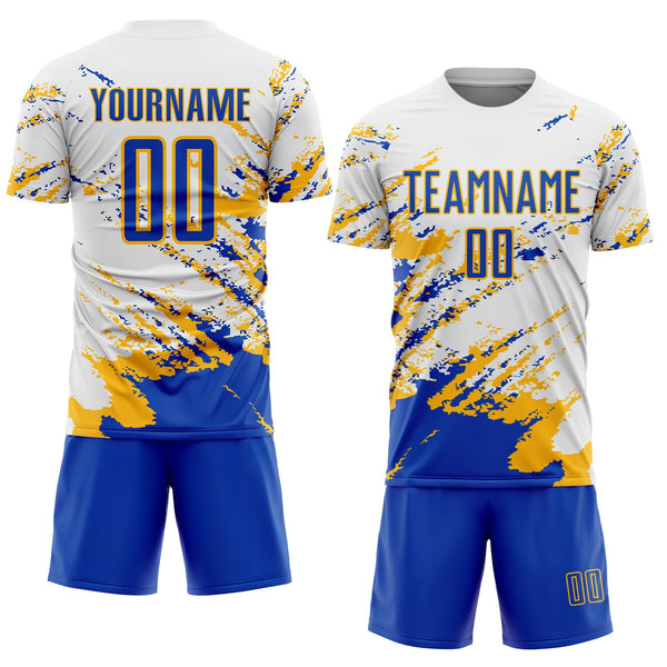 Custom White Thunder Blue-Gold Abstract Fragment Art Splash Sublimation Soccer Uniform Jersey alternate