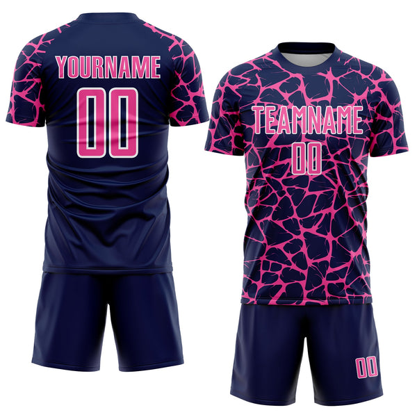 Custom Navy Pink-White Abstract Network Splash Sublimation Soccer Uniform Jersey alternate
