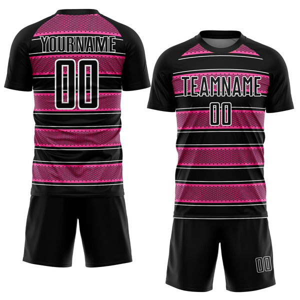 Custom Black Pink-White Geometric Shapes And Line Sublimation Soccer Uniform Jersey alternate