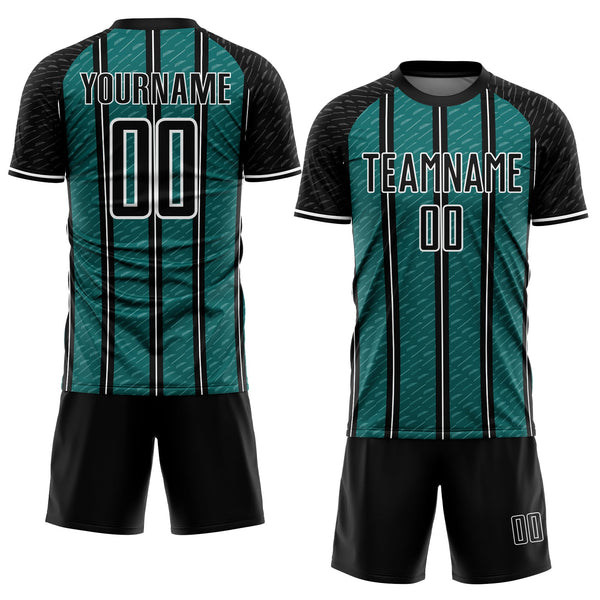 Custom Black Teal-White Line Sublimation Soccer Uniform Jersey alternate