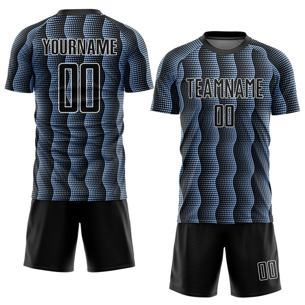 Custom Black Light Blue-White Geometric Shape Sublimation Soccer Uniform Jersey alternate