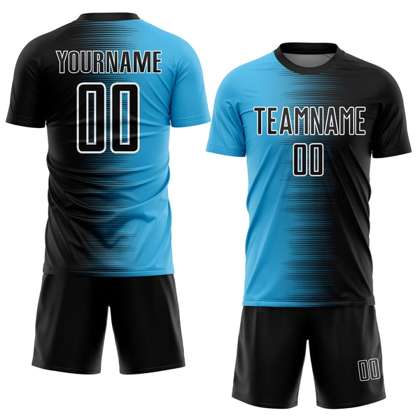 Custom Black Sky Blue-White Gradient Line Sublimation Soccer Uniform Jersey alternate