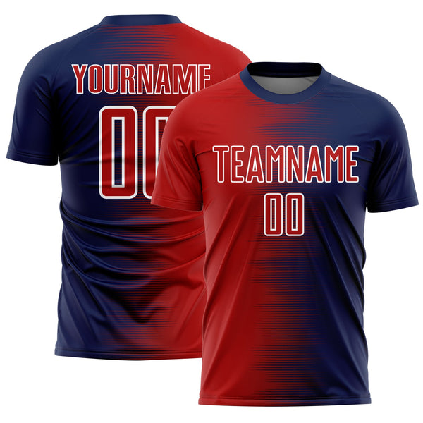 Custom Navy Red-White Gradient Line Sublimation Soccer Uniform Jersey
