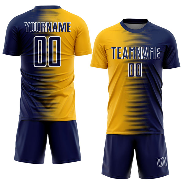 Custom Navy Gold-White Gradient Line Sublimation Soccer Uniform Jersey alternate