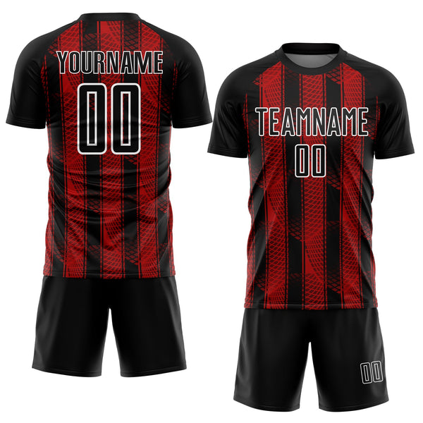 Custom Black Red-White Abstract Network Sublimation Soccer Uniform Jersey alternate