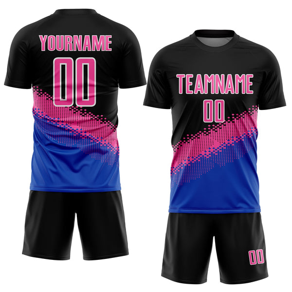 Custom Black Pink-Thunder Blue Gradient Geometric Shape Sublimation Soccer Uniform Jersey alternate