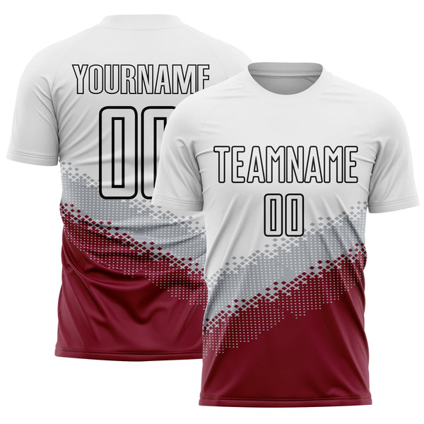Custom White Gray Crimson-Black Gradient Geometric Shape Sublimation Soccer Uniform Jersey