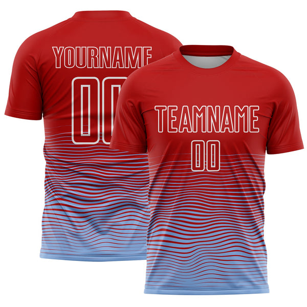 Custom Red Light Blue-White Gradient Line Sublimation Soccer Uniform Jersey