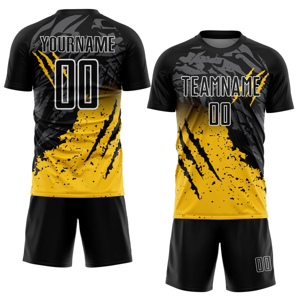 Custom Black Yellow-White Gradient Scratch Splash Sublimation Soccer Uniform Jersey alternate