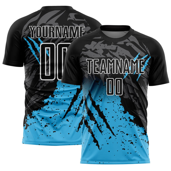 Custom Black Sky Blue-White Gradient Scratch Splash Sublimation Soccer Uniform Jersey