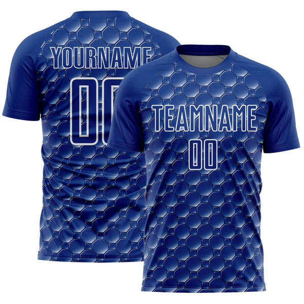 Custom Royal White Geometric Shape Sublimation Soccer Uniform Jersey