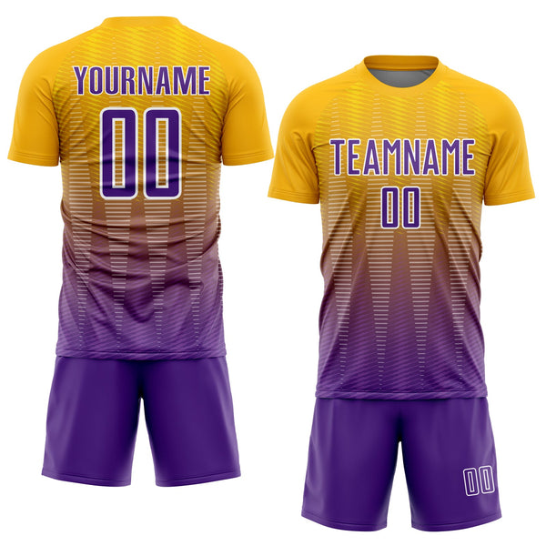 Custom Gold Purple-White Gradient Line Sublimation Soccer Uniform Jersey alternate