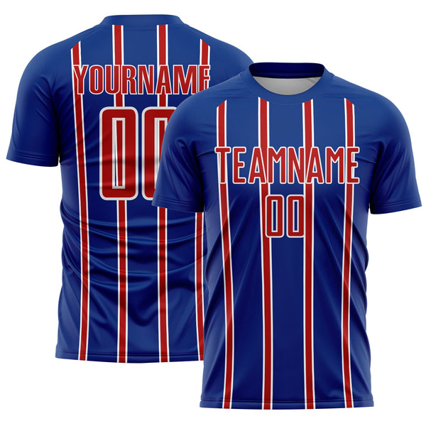 Custom Royal Red-White Stripe Line Sublimation Soccer Uniform Jersey