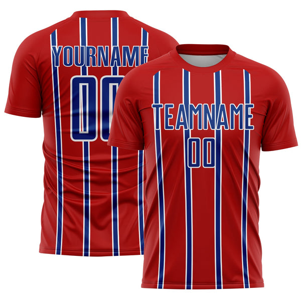 Custom Red Royal-White Stripe Line Sublimation Soccer Uniform Jersey