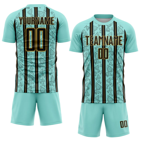 Custom Ice Blue Black-Old Gold Stripe Line Sublimation Soccer Uniform Jersey alternate