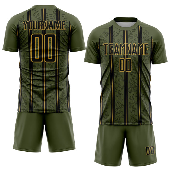 Custom Olive Black-Old Gold Stripe Line Sublimation Salute To Service Soccer Uniform Jersey alternate