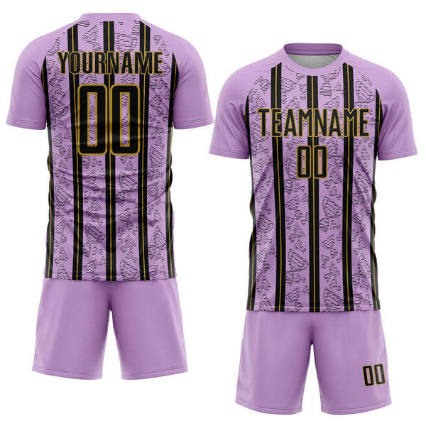 Custom Light Purple Black-Old Gold Stripe Line Sublimation Soccer Uniform Jersey alternate