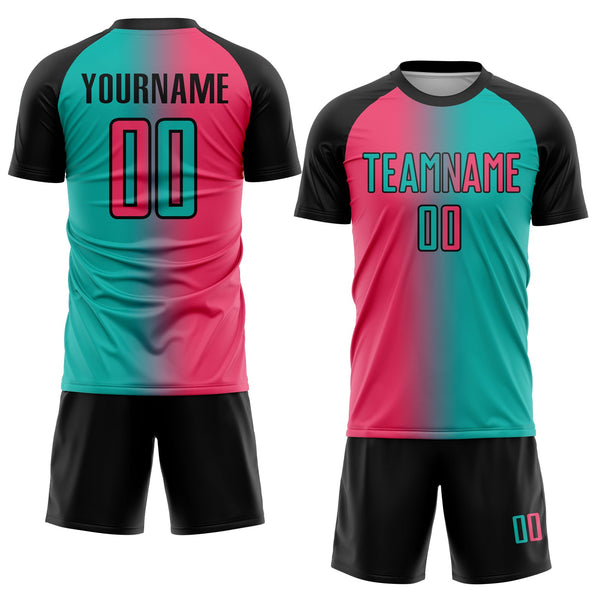Custom Aqua Neon Pink-Black Sublimation Gradient Fashion Soccer Uniform Jersey alternate