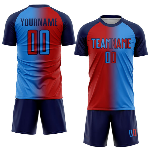 Custom Powder Blue Red-Navy Sublimation Gradient Fashion Soccer Uniform Jersey alternate