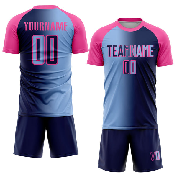 Custom Navy Light Blue-Pink Sublimation Gradient Fashion Soccer Uniform Jersey alternate