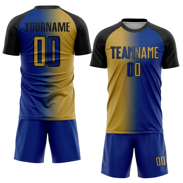 Custom Royal Old Gold-Black Sublimation Gradient Fashion Soccer Uniform Jersey alternate