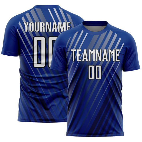 Custom Royal White-Black Stripe Line Sublimation Soccer Uniform Jersey