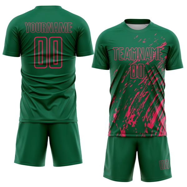 Custom Kelly Green Neon Pink Splash Sublimation Soccer Uniform Jersey alternate