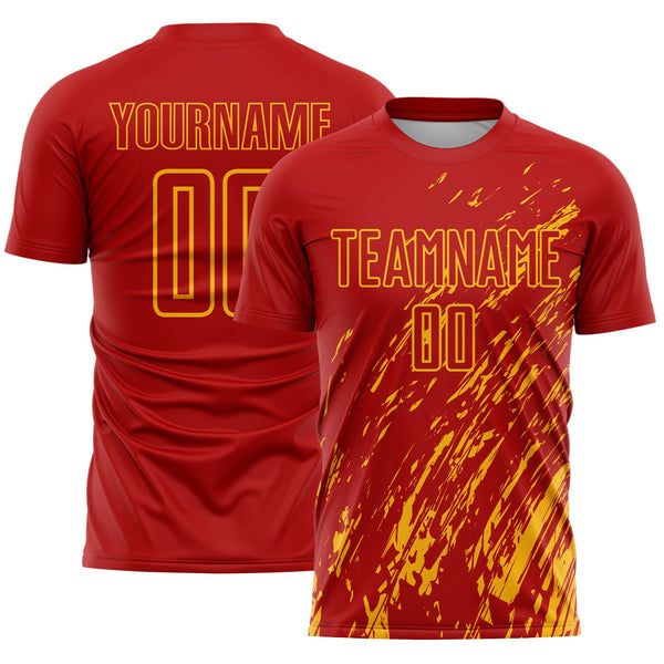 Custom Red Gold Splash Sublimation Soccer Uniform Jersey