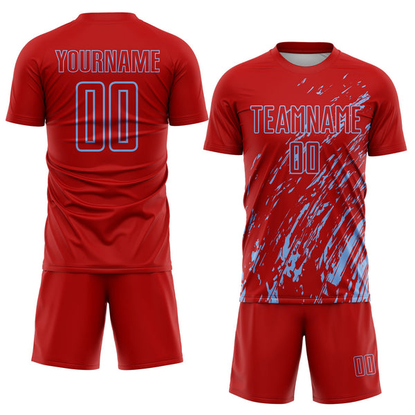 Custom Red Light Blue Splash Sublimation Soccer Uniform Jersey alternate