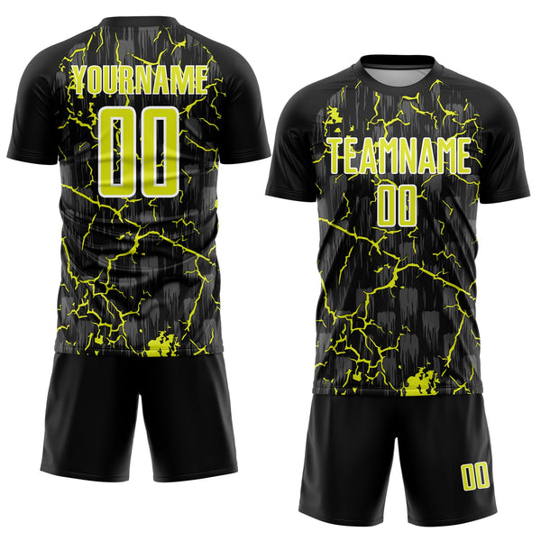 Custom Black Neon Yellow-White Lightning Sublimation Soccer Uniform Jersey alternate