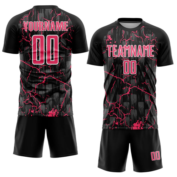 Custom Black Neon Pink-White Lightning Sublimation Soccer Uniform Jersey alternate