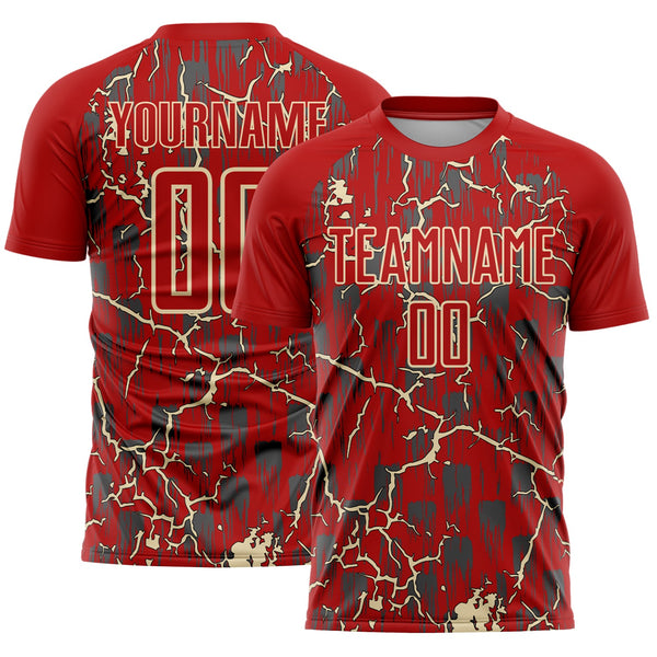 Custom Red Cream Lightning Sublimation Soccer Uniform Jersey