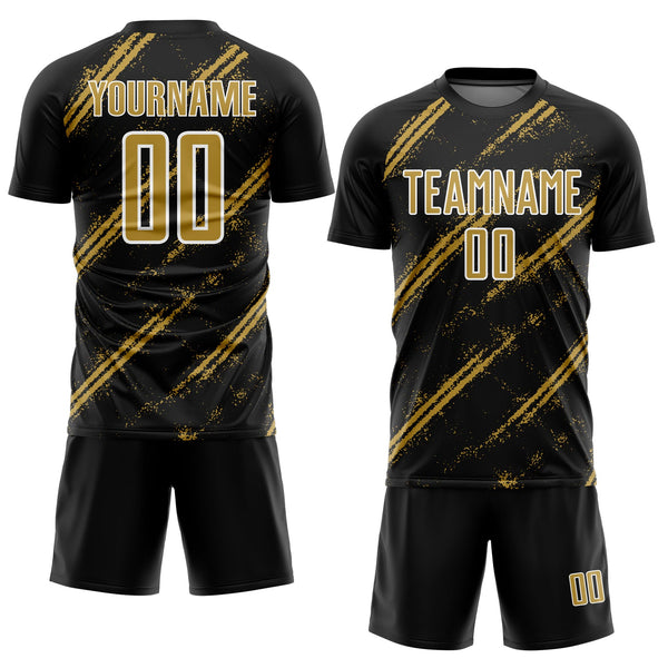 Custom Black Old Gold-White Abstract Fragment Art Splash Sublimation Soccer Uniform Jersey alternate