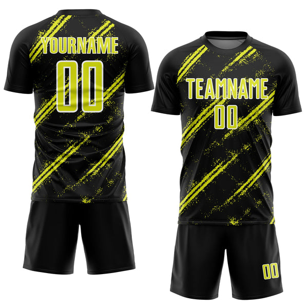 Custom Black Neon Yellow-White Abstract Fragment Art Splash Sublimation Soccer Uniform Jersey alternate
