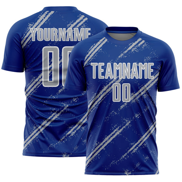 Custom Royal Gray-White Abstract Fragment Art Splash Sublimation Soccer Uniform Jersey