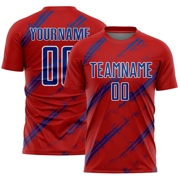 Custom Red Royal-White Abstract Fragment Art Splash Sublimation Soccer Uniform Jersey