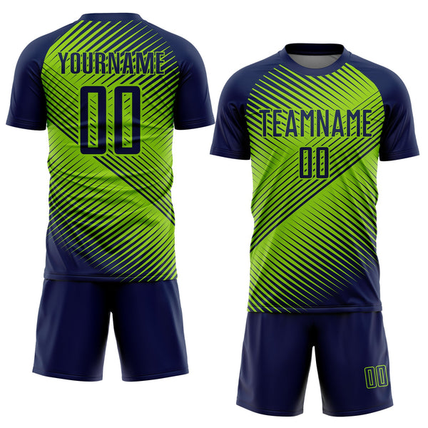 Custom Navy Neon Green Line Sublimation Soccer Uniform Jersey alternate