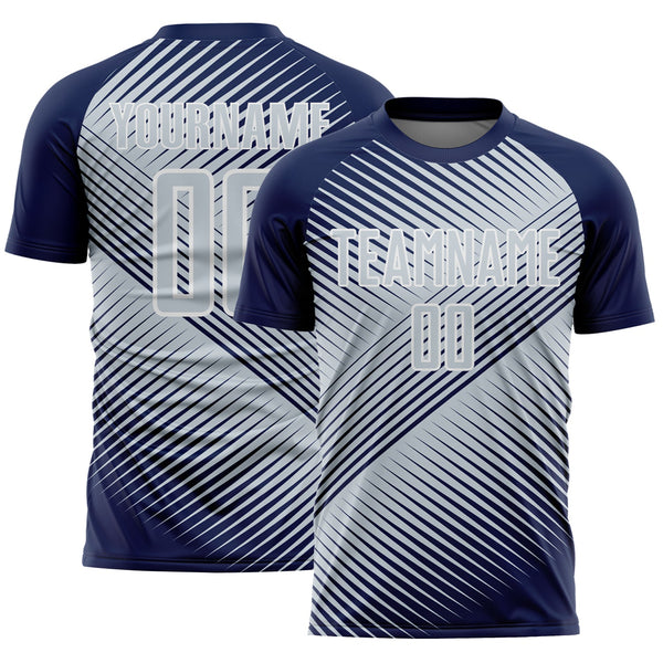 Custom Navy Silver-White Line Sublimation Soccer Uniform Jersey