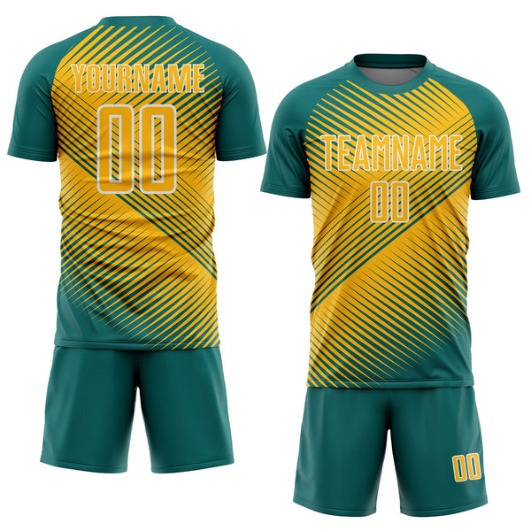 Custom Teal Gold-White Line Sublimation Soccer Uniform Jersey alternate