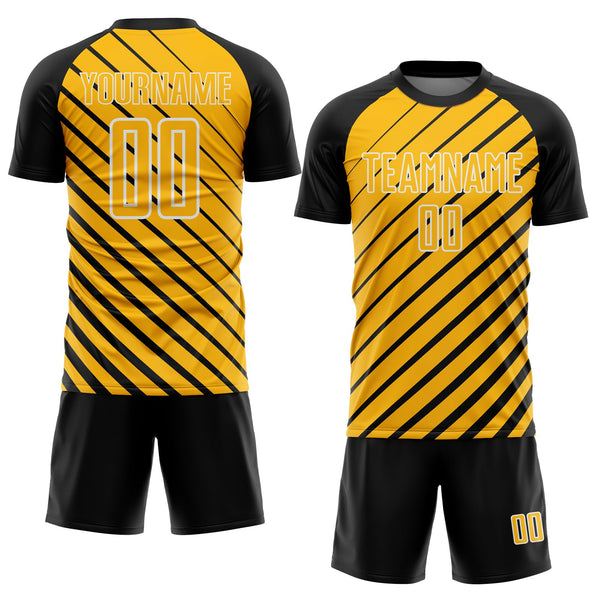 Custom Black Gold-White Lines Sublimation Soccer Uniform Jersey alternate